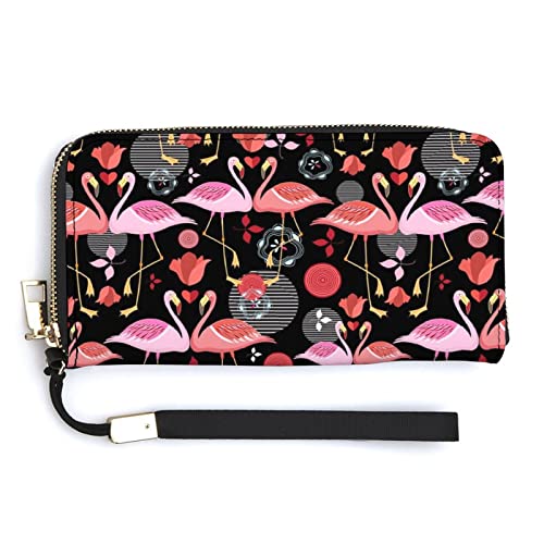 Melbrakin Schöne Pink Lovers Damen-Handgelenk-Geldbörse, Flamingo-Herz-Rose, großes Fassungsvermögen, Geldbörsen für Damen, Lange Clutch-Taschen, Bedruckte PU-Handtasche mit Reißverschluss von Melbrakin