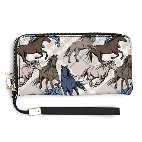 Melbrakin Schöne laufende braun-Blaue Pferde-Damen-Handgelenk-Geldbörse, große Kapazität, Geldbörsen für Damen, Lange Clutch-Taschen, Bedruckte PU-Handtasche mit Reißverschluss von Melbrakin