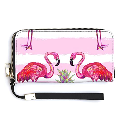 Melbrakin Sommer-Tropisches Muster mit Flamingo-Kiefer-Damen-Armband-Geldbörse, große Kapazität, Geldbörsen für Damen, Lange Clutch-Taschen, Bedruckte PU-Handtasche mit Reißverschluss von Melbrakin