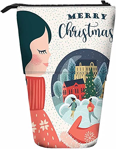 Melbrakin Süße Frau Teleskop-Bleistift-Briefpapieretui Stifte Aufbewahrungsbox mit Reißverschluss für Frauen Männer Jungen Mädchen Frohe Weihnachten Winter Cartoon Baum Traum Gesicht Spaß Erholung von Melbrakin