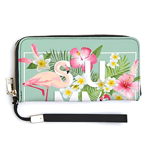 Melbrakin Tropische Blumen Sommer Flamingo Damen-Handgelenk-Geldbörse, große Kapazität, Geldbörsen für Damen, Lange Clutch-Taschen, Bedruckte PU-Handtasche mit Reißverschluss von Melbrakin