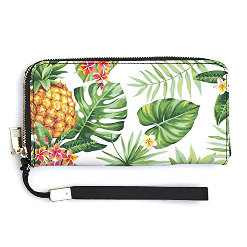 Melbrakin Tropische hawaiianische Kiefernblätter, Damen-Armband-Geldbörse, großes Fassungsvermögen, Geldbörsen für Damen, Lange Clutch-Taschen, Bedruckte PU-Handtasche mit Reißverschluss von Melbrakin