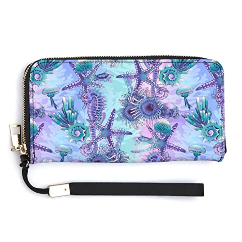 Melbrakin Unterwasser-Seepferdchen-Korallen und Muscheln Damen-Armband-Geldbörse Große Kapazität Geldbörsen für Damen Lange Clutch-Taschen Bedruckte PU-Handtasche mit Reißverschluss von Melbrakin