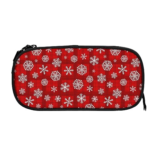 Melbrakin Weiße Schneeflocken Weihnachten Rot Gitter Federmäppchen Große Kapazität Beutel Stifthalter Bleistiftbeutel Box Organizer Reißverschluss Kosmetik Make-up Aufbewahrungstasche von Melbrakin