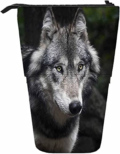 Melbrakin Wolf Teleskop-Bleistift-Briefpapieretui, Stifte-Aufbewahrungsbox mit Reißverschluss für Damen und Herren, Gesicht, Wildtiere, Coole Natur, Blatt-Look, Kopf, Säugetier, einzelner Wald, Hunde von Melbrakin