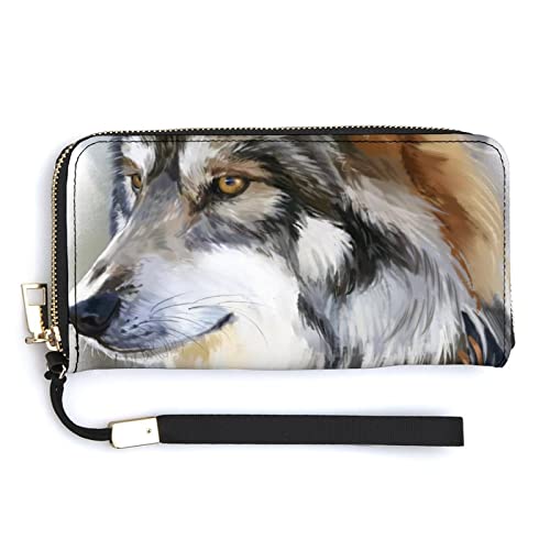 Melbrakin Wolf with Feathers Damen-Handgelenk-Geldbörse, große Kapazität, Geldbörsen für Damen, Lange Clutch-Taschen, Bedruckte PU-Handtasche mit Reißverschluss von Melbrakin
