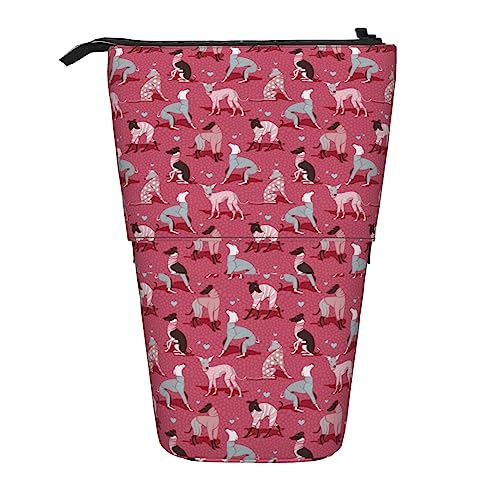 Melbrakin in Love Greyhounds, roter Hintergrund, rosa Hunde-Pyjama, Stand-Federmäppchen mit Reißverschluss für Damen, Herren, Jungen, Mädchen von Melbrakin