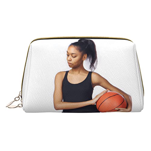 Minimalistische und stilvolle tragbare Make-up-Tasche aus Leder, „Die Frau hält den Basketball, Bedruckte Kosmetiktasche für Mädchen und Damen – kleine Größe von Melbrakin