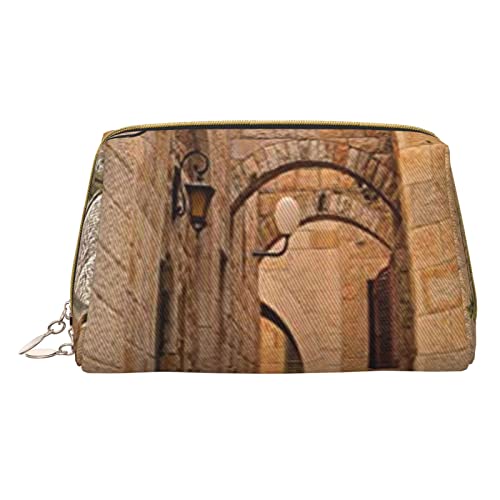 Minimalistische und stilvolle tragbare Make-up-Tasche aus Leder, Bedruckte Kosmetiktasche „Architecture Streets Houses für Mädchen und Damen – kleine Größe von Melbrakin