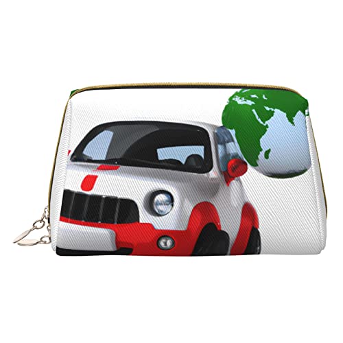 Minimalistische und stilvolle tragbare Make-up-Tasche aus Leder, Bedruckte Kosmetiktasche „Cars and The Earth für Mädchen und Damen – kleine Größe von Melbrakin