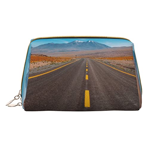 Minimalistische und stilvolle tragbare Make-up-Tasche aus Leder, Bedruckte Kosmetiktasche „Highway Road in The Desert Landscape für Mädchen und Damen – kleine Größe von Melbrakin