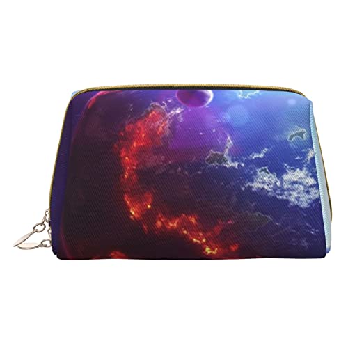 Minimalistische und stilvolle tragbare Make-up-Tasche aus Leder, Bedruckte Kosmetiktasche mit 3D-Planeten und Weltraumsternen für Mädchen und Damen – kleine Größe von Melbrakin