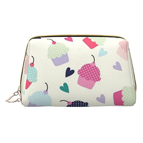 Minimalistische und stilvolle tragbare Make-up-Tasche aus Leder, Bedruckte Kosmetiktasche mit Cupcake-Bonbon-Herzen-Motiv für Mädchen und Damen – kleine Größe von Melbrakin