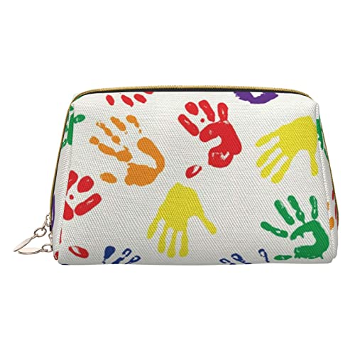 Minimalistische und stilvolle tragbare Make-up-Tasche aus Leder, Bunte Handformen, Regenbogen-Bedruckte Kosmetiktasche für Mädchen und Damen – kleine Größe von Melbrakin