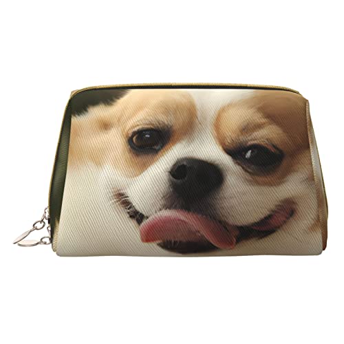 Minimalistische und stilvolle tragbare Make-up-Tasche aus Leder, Kosmetiktasche mit Aufdruck „Der Hund mit Seiner Zunge für Mädchen und Damen – kleine Größe von Melbrakin