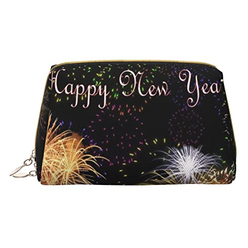 Minimalistische und stilvolle tragbare Make-up-Tasche aus Leder, Kosmetiktasche mit Aufdruck „Happy New Year für Mädchen und Damen – kleine Größe von Melbrakin