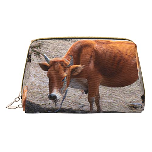 Minimalistische und stilvolle tragbare Make-up-Tasche aus Leder, Kosmetiktasche mit Aufdruck „Lonely Cow für Mädchen und Damen – kleine Größe von Melbrakin