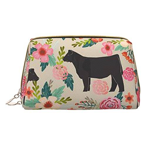 Minimalistische und stilvolle tragbare Make-up-Tasche aus Leder, Kosmetiktasche mit Blumen-Kuh-Farm-Aufdruck für Mädchen und Damen – kleine Größe von Melbrakin