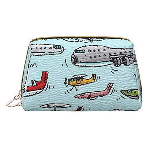 Minimalistische und stilvolle tragbare Make-up-Tasche aus Leder, Kosmetiktasche mit Cartoon-Flugzeug-Aufdruck für Mädchen und Damen – kleine Größe von Melbrakin