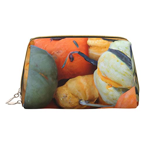 Minimalistische und stilvolle tragbare Make-up-Tasche aus Leder, Kosmetiktasche mit Herbstfarben-Kürbis-Aufdruck für Mädchen und Damen – kleine Größe von Melbrakin