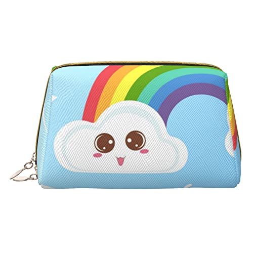 Minimalistische und stilvolle tragbare Make-up-Tasche aus Leder, Kosmetiktasche mit Sonnen- und Regenbogen-Aufdruck für Mädchen und Damen – kleine Größe von Melbrakin