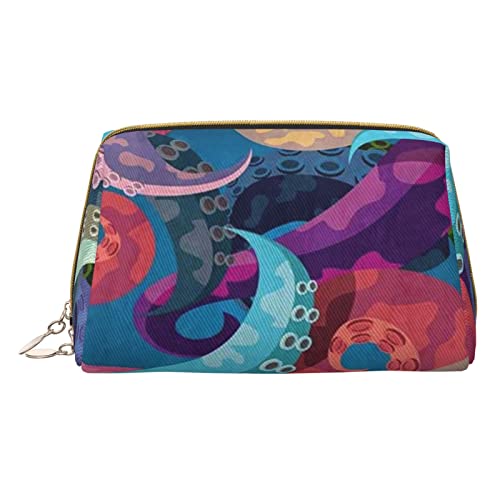 Minimalistische und stilvolle tragbare Make-up-Tasche aus Leder, Kosmetiktasche mit abstraktem Oktopus-Aufdruck für Mädchen und Damen – kleine Größe von Melbrakin