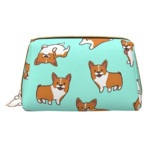 Minimalistische und stilvolle tragbare Make-up-Tasche aus Leder, Kosmetiktasche mit niedlichem Corgi-Hund-Motiv für Mädchen und Damen – kleine Größe von Melbrakin