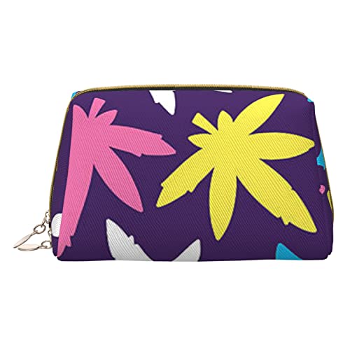 Minimalistische und stilvolle tragbare Make-up-Tasche aus Leder, Leuchtend Bunte, mit Unkrautmuster Bedruckte Kosmetiktasche für Mädchen und Damen – kleine Größe von Melbrakin