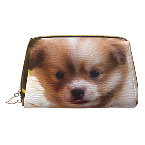 Minimalistische und stilvolle tragbare Make-up-Tasche aus Leder, sehr süße Kosmetiktasche mit Welpen-Aufdruck für Mädchen und Damen – kleine Größe von Melbrakin