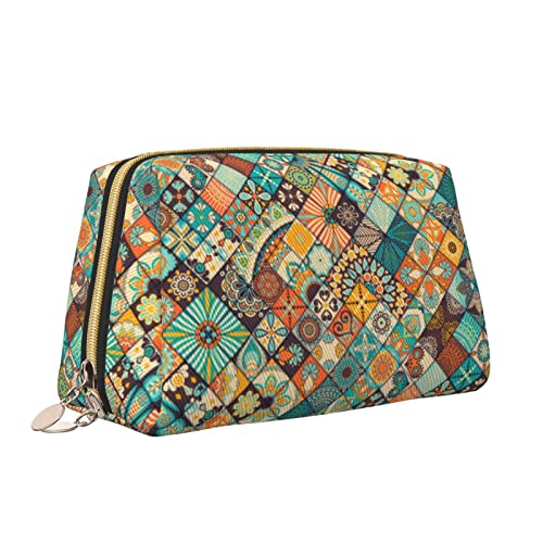 Niedliche Reise-Make-up-Tasche für Frauen, Vintage-Stil, Ethno-Muster, Leder, Kosmetiktasche, Geldbörse, tragbar, wasserdicht, kleine Make-up-Tasche, Organizer, Kulturbeutel für Teenager-Mädchen, Pin von Melbrakin