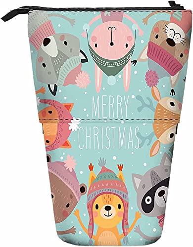 Niedliche Waldtiere, Teleskop-Bleistift-Briefpapieretui, Stifte-Aufbewahrungsbox mit Reißverschluss, für Damen, Herren, Jungen, Mädchen, Frohe Weihnachten, Cartoon-Bär, Hirsch, lustiger Fuchs, Feier von Melbrakin