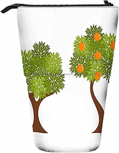 Orangenbaum-Teleskop-Bleistift-Briefpapieretui, Stifte-Aufbewahrungsbox mit Reißverschluss für Damen, Herren, Jungen, Mädchen, zwei Bäume, grüne Blätter, Obstgarten, Garten, natürliche Früchte von Melbrakin