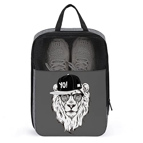 Reise-Schuhtasche mit lustigem Aufdruck, Löwe mit Hip-Hop-Hut, Schuhtasche mit Reißverschluss und Griffen, wasserdicht, atmungsaktiv, tragbar, große Schuhaufbewahrungstasche, Schuh-Organizer-Tasche f von Melbrakin