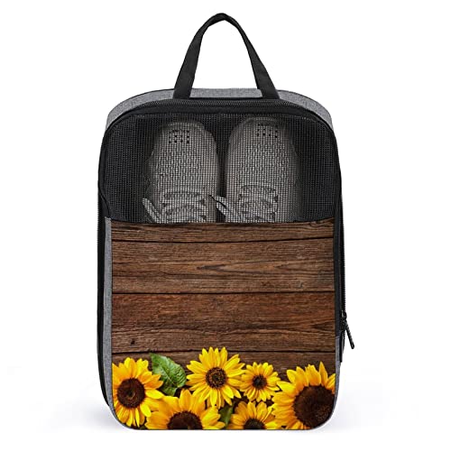 Retro-Schuhtaschen mit Sonnenblumen-Holz-Blumendruck, für Reisen, Schuhbeutel, wasserdicht, große Schuhaufbewahrungstasche für Männer und Frauen, Reisekoffer, Schuh-Organizer mit Reißverschluss und N von Melbrakin