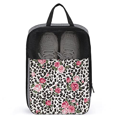 Rosa Rosenblüten-Schuhtaschen mit Leoparden- und Gepardenmuster für die Reise, Schuhbeutel, wasserdicht, große Schuhaufbewahrungstasche für Männer und Frauen, Reisekoffer, Schuh-Organizer mit Reißver von Melbrakin