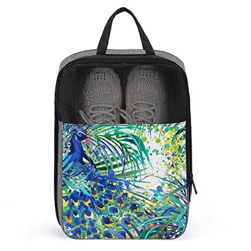 Schuhbeutel mit Aquarell-Palmen- und Pfauenmotiv für die Reise, Schuhbeutel, wasserdicht, große Schuhaufbewahrungstasche für Männer und Frauen, Reisekoffer, Schuh-Organizer mit Reißverschluss und Net von Melbrakin