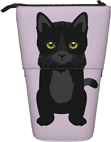 Schwarzes Kätzchen-Federmäppchen, niedliches Tier, Katze, Cartoon-Gemälde, rosa Hintergrund, stehender Stifthalter, Teleskop-Stiftetui, Bleistifttaschen, Schulbedarf, Bleistiftbox, Schreibwarenbeutel von Melbrakin