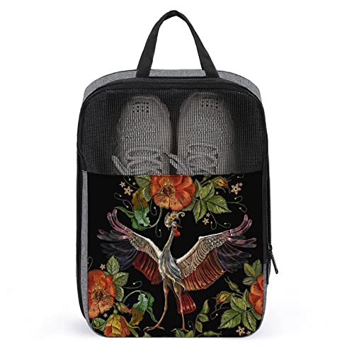 Stickerei-Kranich-Vogel-Rose-Klassische Rosenknospen-Kunst-Schuhtaschen für die Reise, Schuhbeutel, wasserdichte große Schuhaufbewahrungstasche für Männer und Frauen, Reisekoffer-Schuh-Organizer mit von Melbrakin