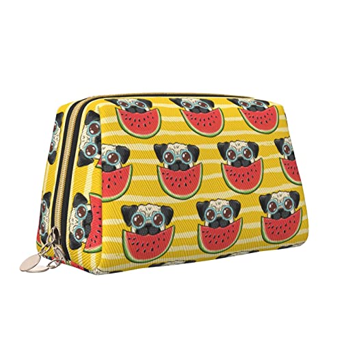 Süße Reise-Make-up-Tasche für Frauen, Bulldogge, Wassermelone, Leder, Kosmetiktasche, Geldbörse, tragbar, wasserdicht, kleine Make-up-Tasche, Organizer, Kulturbeutel für Teenager-Mädchen, Pinsel, S von Melbrakin