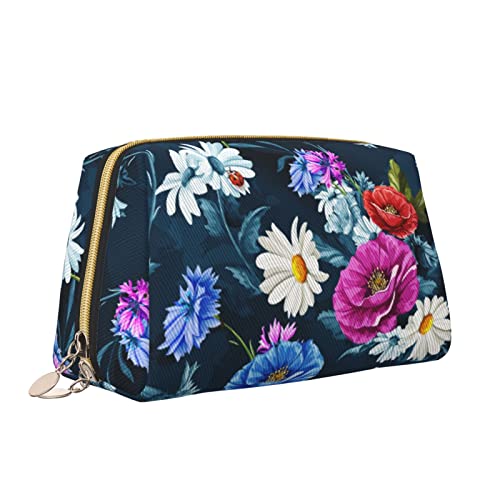 Süße Reise-Make-up-Tasche für Frauen, Bunte blühende schöne Blumen Chrysanthemen, Leder-Kosmetiktasche, Geldbörse, tragbar, wasserdicht, kleine Make-up-Tasche, Organizer, Kulturbeutel für Teenager-Mä von Melbrakin