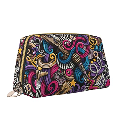Süße Reise-Make-up-Tasche für Frauen, Cartoon-süßes Gekritzel, handgezeichnete Musik, Leder-Kosmetiktasche, Geldbörse, tragbar, wasserdicht, kleine Make-up-Tasche, Organizer, Kulturbeutel für Teenage von Melbrakin