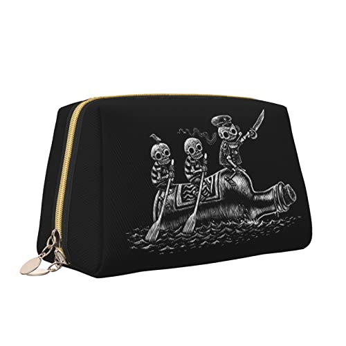 Süße Reise-Make-up-Tasche für Frauen, DREI süße kleine Skelette Rudern auf Weinflaschen, Leder-Kosmetiktasche, Geldbörse, tragbar, wasserdicht, kleine Make-up-Tasche, Organizer, Kulturbeutel für Teen von Melbrakin