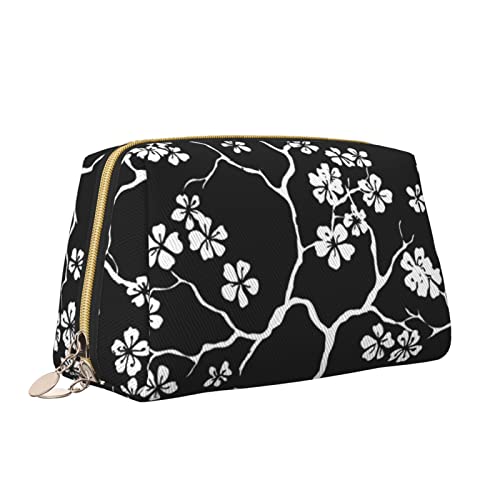 Süße Reise-Make-up-Tasche für Frauen, Kirschblüten mit Zweigen, Blumenmuster, schwarz-weißes Leder, Kosmetiktasche, Geldbörse, tragbar, wasserdicht, kleine Make-up-Tasche, Organizer, Kulturbeutel für von Melbrakin