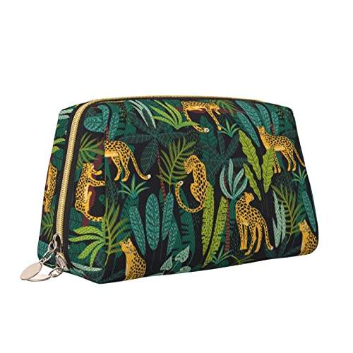 Süße Reise-Make-up-Tasche für Frauen, Leoparden- und tropisches Blatt, Palmblatt-Leder, Kosmetiktasche, Geldbörse, tragbar, wasserdicht, kleine Make-up-Tasche, Organizer, Kulturbeutel für Teenager-Mä von Melbrakin