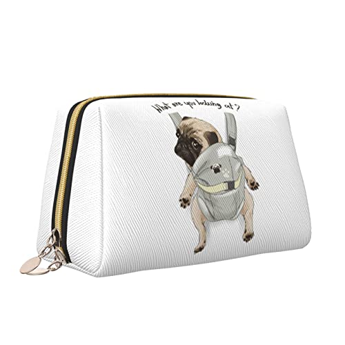 Süße Reise-Make-up-Tasche für Frauen, Mops-Hunde-Druck, Welpe, lustiges Zitat, Leder-Kosmetiktasche, Geldbörse, tragbar, wasserdicht, kleine Make-up-Tasche, Organizer, Kulturbeutel für Teenager-Mädch von Melbrakin