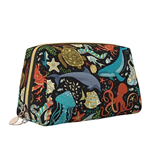 Süße Reise-Make-up-Tasche für Frauen, Retro-Meeresschildkröte, Oktopus, Wal, Leder, Kosmetiktasche, Geldbörse, tragbar, wasserdicht, kleine Make-up-Tasche, Organizer, Kulturbeutel für Teenager-Mädche von Melbrakin