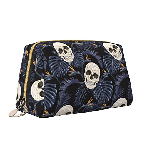 Süße Reise-Make-up-Tasche für Frauen, Zuckerschädel, Tropische Palmenblätter, Leder-Kosmetiktasche, Geldbörse, tragbar, wasserdicht, kleine Make-up-Tasche, Organizer, Kulturbeutel für Teenager-Mädche von Melbrakin