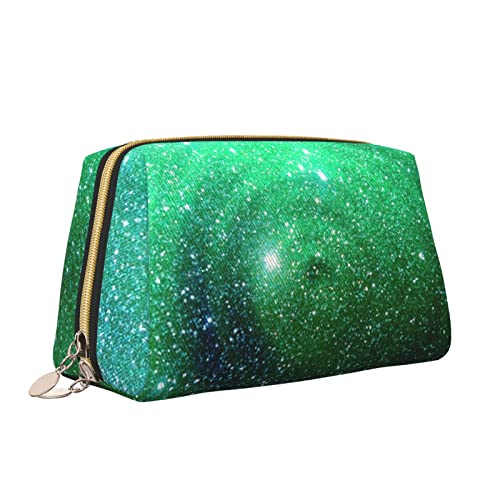 Süße Reise-Make-up-Tasche für Frauen, abstraktes grünes Glitzer-Leder, Kosmetiktasche, Geldbörse, tragbar, wasserdicht, kleine Make-up-Tasche, Organizer, Kulturbeutel für Teenager-Mädchen, Pinsel, S von Melbrakin