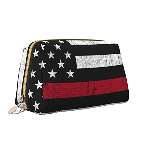 Süße Reise-Make-up-Tasche für Frauen, amerikanische Flagge, dünne rote Linie, Leder-Kosmetiktasche, Geldbörse, tragbar, wasserdicht, kleine Make-up-Tasche, Organizer, Kulturbeutel für Teenager-Mädche von Melbrakin