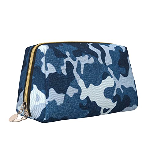 Süße Reise-Make-up-Tasche für Frauen, blaues Camouflage-Militärleder, Kosmetiktasche, Geldbörse, tragbar, wasserdicht, kleine Make-up-Tasche, Organizer, Kulturbeutel für Teenager-Mädchen, Pinsel, S von Melbrakin